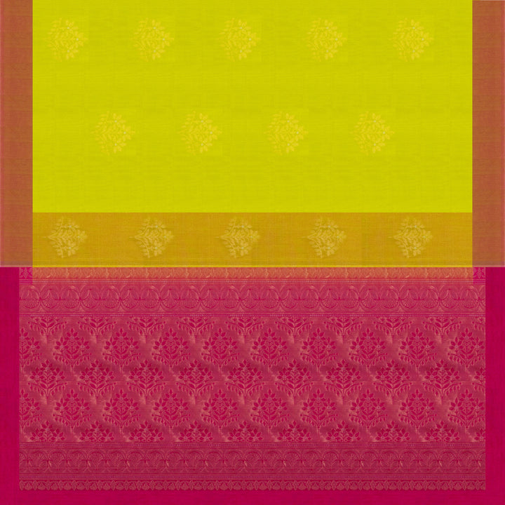 Lime green silk cotton saree with tree of life motifs, rust orange border and magenta pallu with zari detailing
