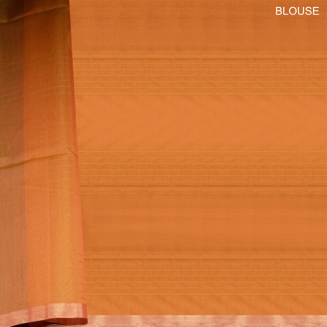 Peach silk cotton saree with paneled checks, mango butta, gold tissue border and orange floral pallu