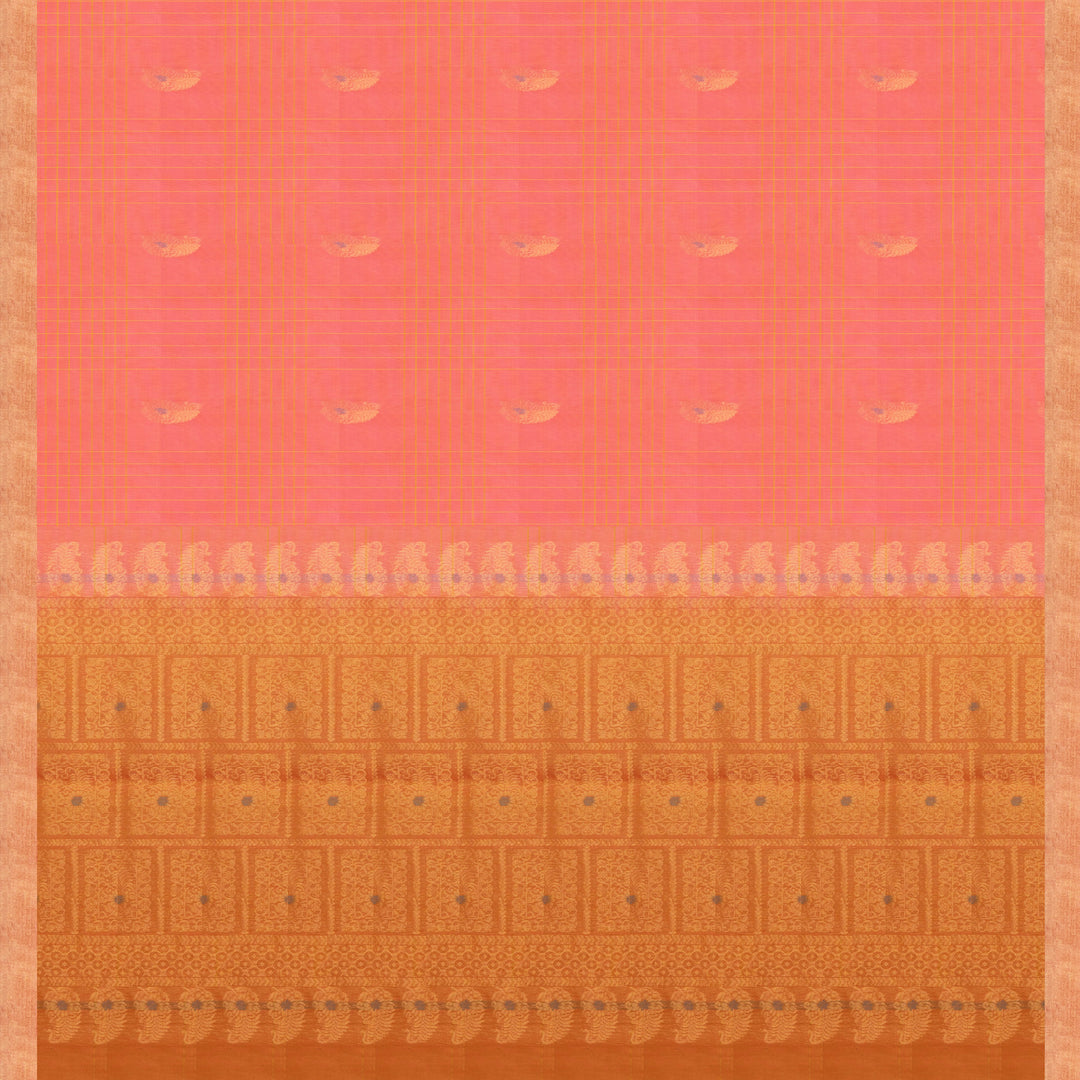 Peach silk cotton saree with paneled checks, mango butta, gold tissue border and orange floral pallu