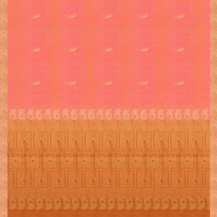 Peach silk cotton saree with paneled checks, mango butta, gold tissue border and orange floral pallu