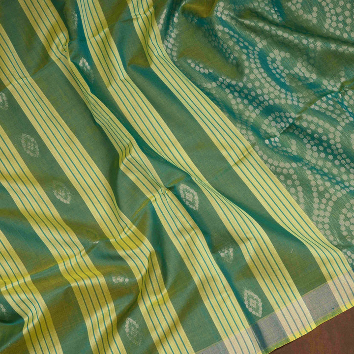 Light & Dark Green Silk Cotton Saree with Gold Zari Stripes and Diamond Butta- 3316T015901DSC