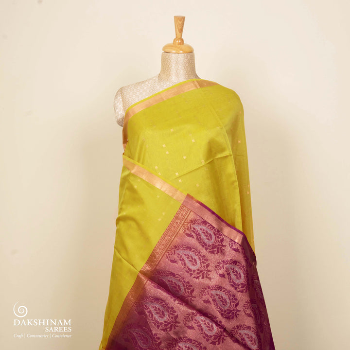 Lime Green Silk Cotton Saree with Purple Border and Gold Zari 3317T015898DSC