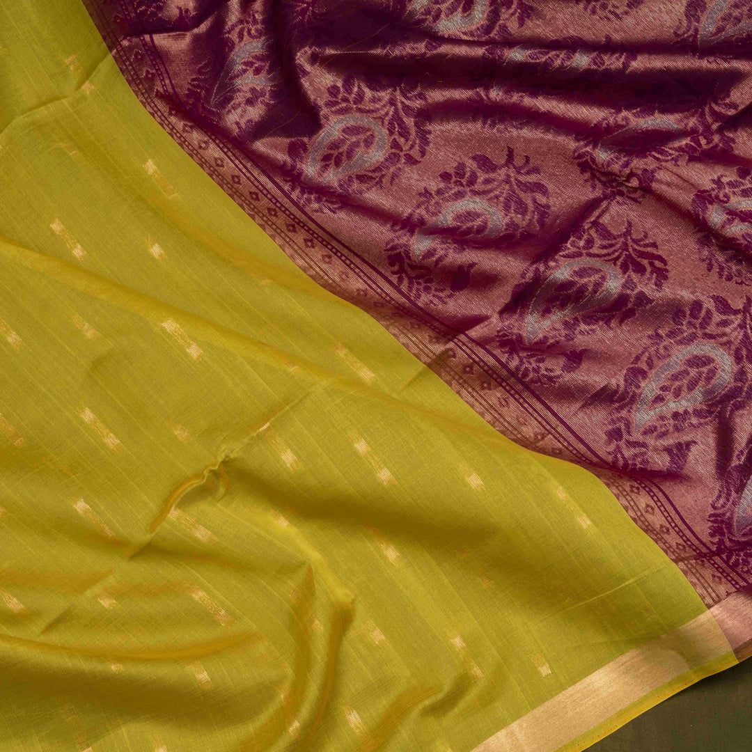 Lime Green Silk Cotton Saree with Purple Border and Gold Zari 3317T015898DSC