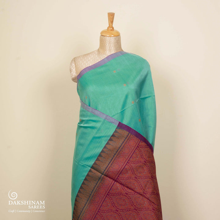 Light Blue Silk Cotton Saree with Purple Pallu and Multicolor Floral Weave 3318T015895DSC