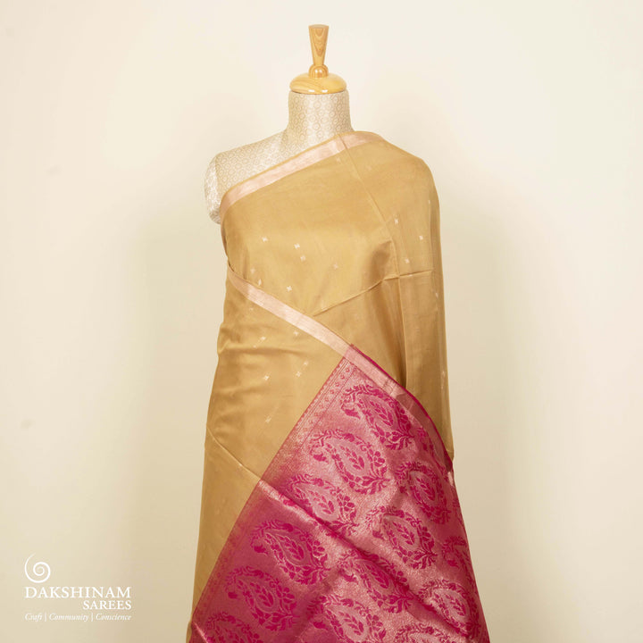 Sandal Silk Cotton Saree with Magenta Pallu and Gold Zari Border 3319T015897DSC