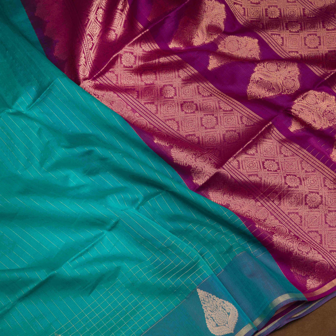 Handwoven Silk cotton saree in Teal and Magenta color- 3315T015900DSC