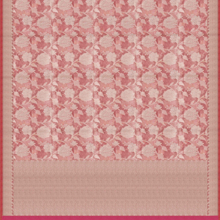 Light pink organza Banarasi silk saree with floral zari vines and zigzag patterned border