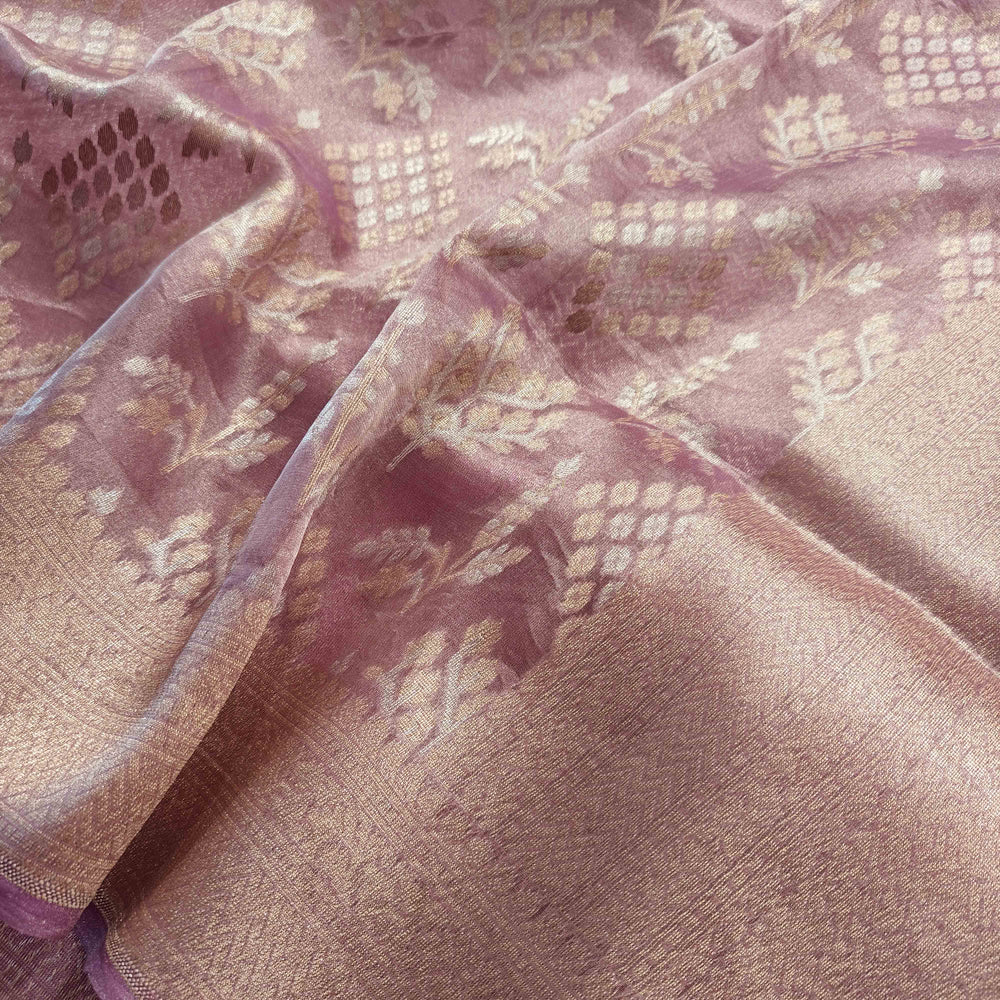 Light lavender organza Banarasi silk saree with diamond and tree butta in gold and silver zari