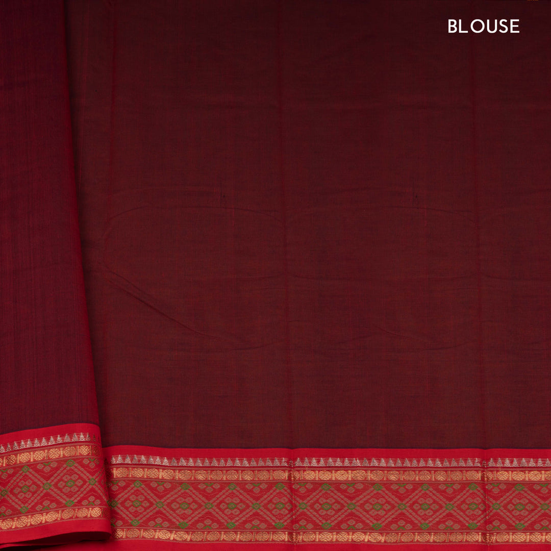 Maroon Kanchi cotton saree with traditional rudraksh, temple and diamond motifs and detailed pallu design