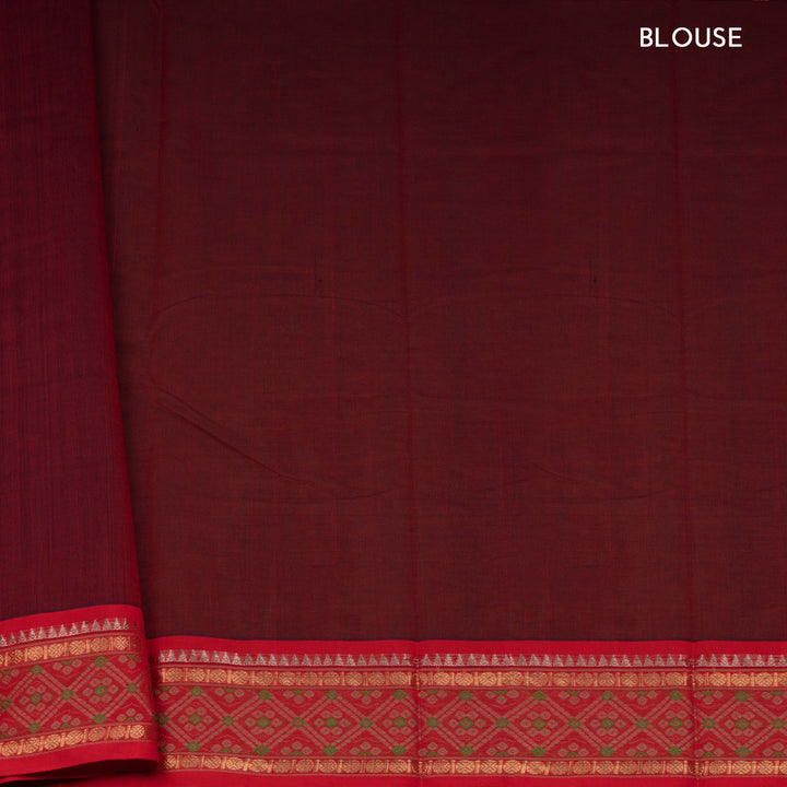 Maroon Kanchi cotton saree with traditional rudraksh, temple and diamond motifs and detailed pallu design