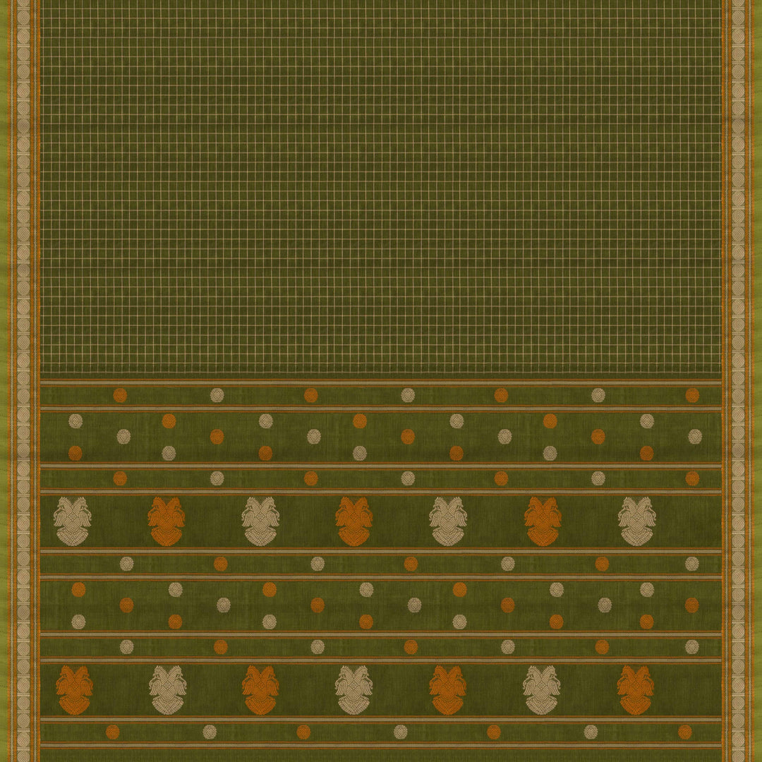 Green Kanchi cotton saree with checks, rudraksh butta border, chevron design and traditional pallu with matching blouse
