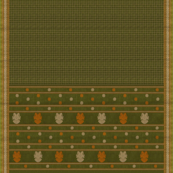 Green Kanchi cotton saree with checks, rudraksh butta border, chevron design and traditional pallu with matching blouse