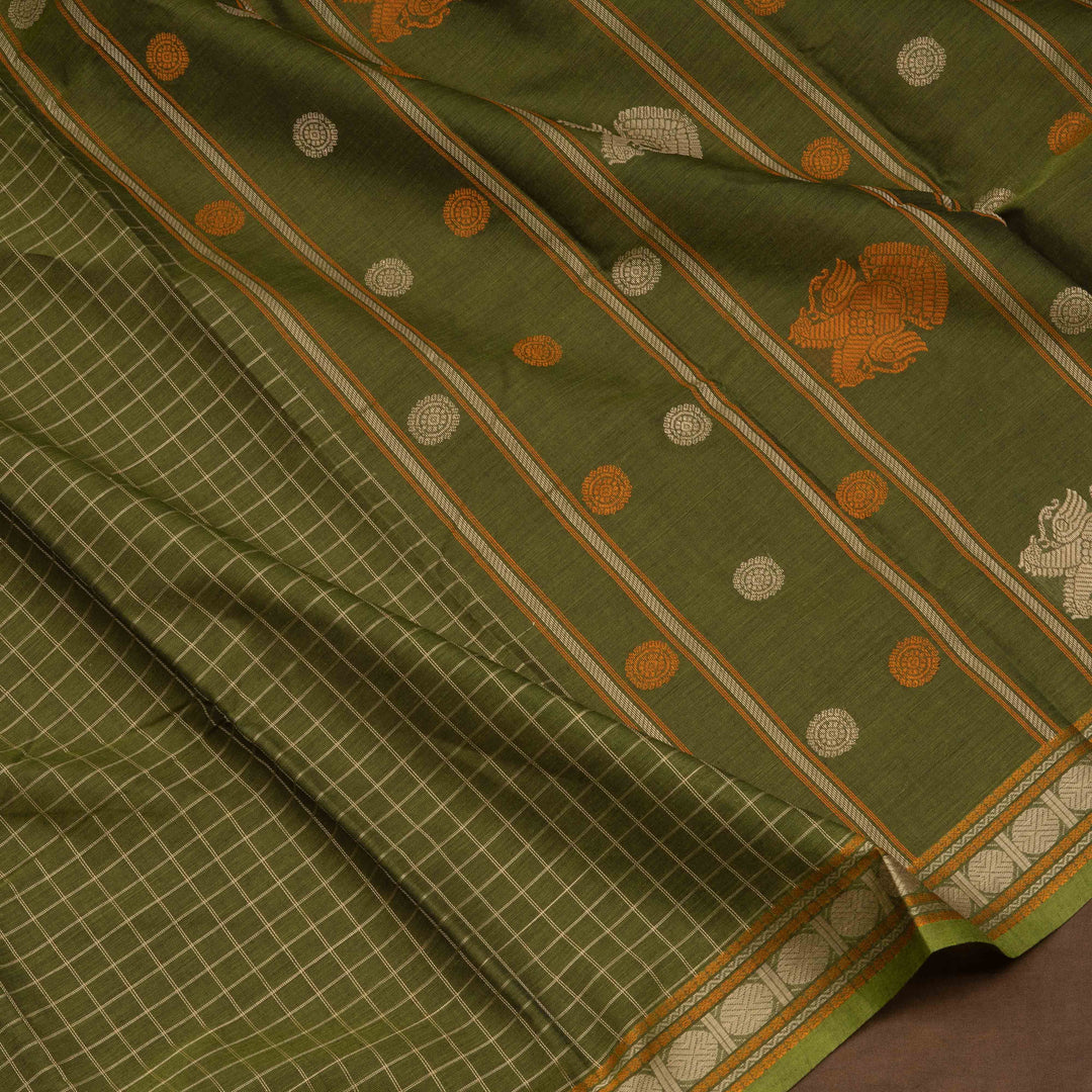 Green Kanchi cotton saree with checks, rudraksh butta border, chevron design and traditional pallu with matching blouse
