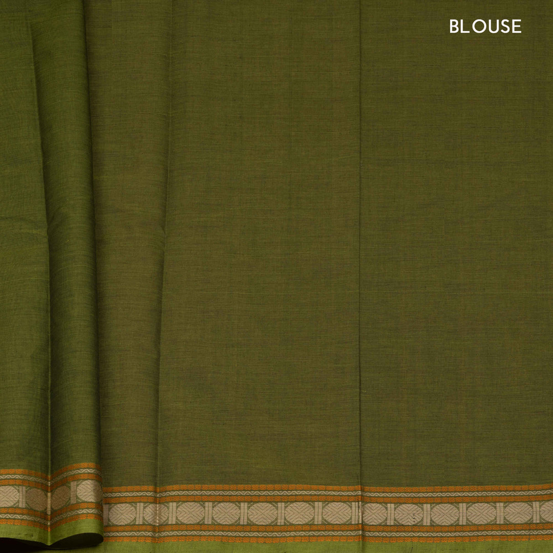 Green Kanchi cotton saree with checks, rudraksh butta border, chevron design and traditional pallu with matching blouse