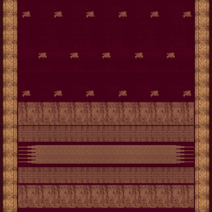 Maroon Kanchi cotton saree with kili motif body, mayil motif border and rich traditional pallu with matching blouse