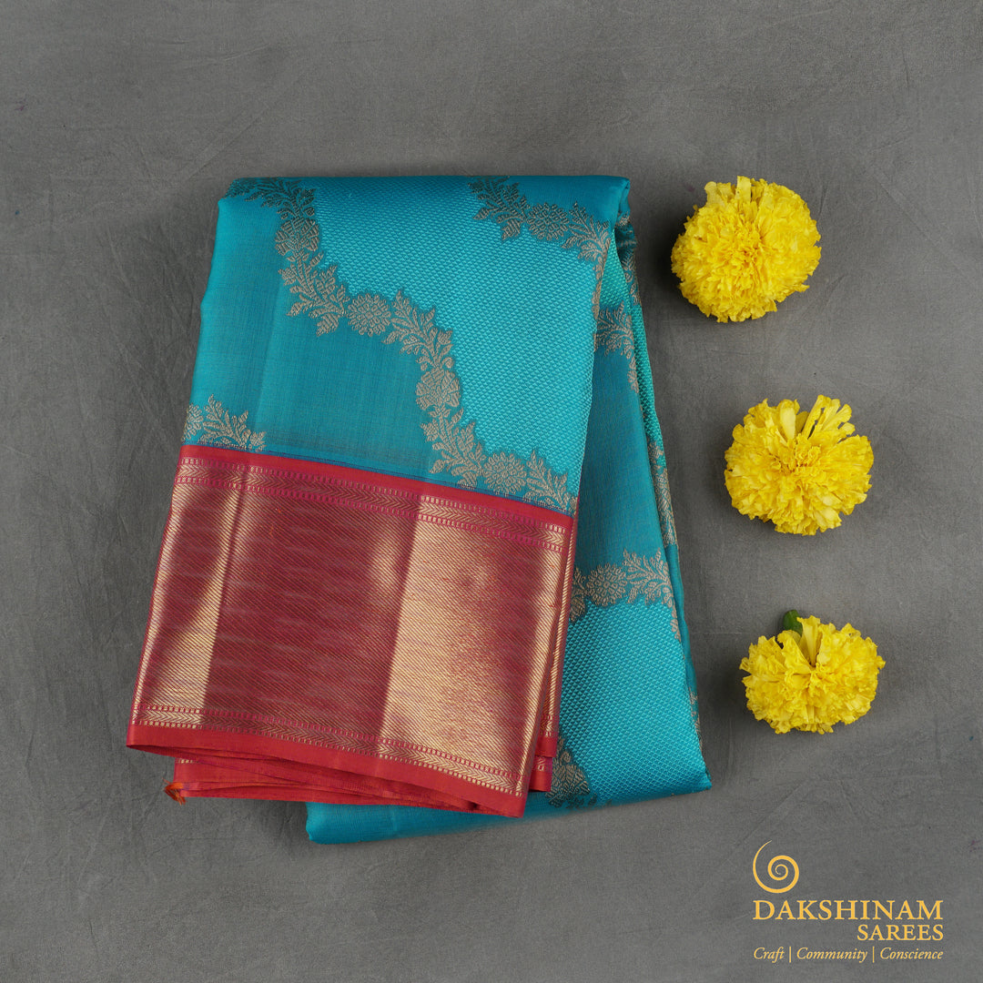 Handwoven Blue with Pink Kora Kanjivaram Silk Saree - 1754T008335DSC