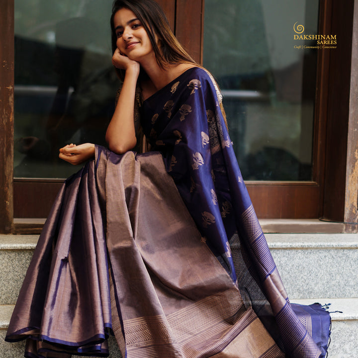 Handwoven Blue Tissue Soft Silk Saree - 2581T012906DSC