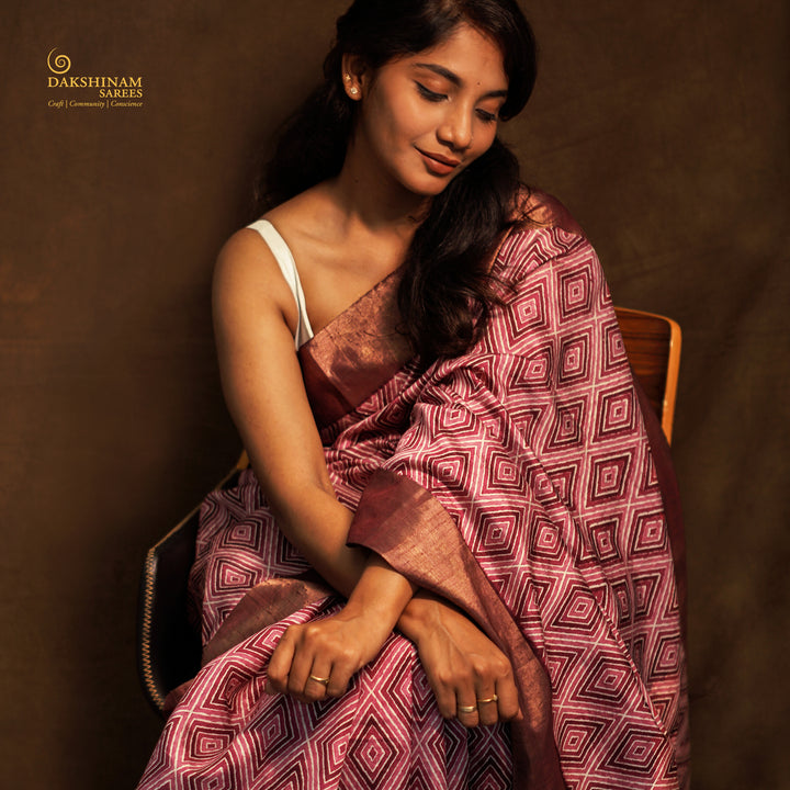 Handwoven Multi-colour with Wine Tussar Silk Saree - 2582T012503DSC