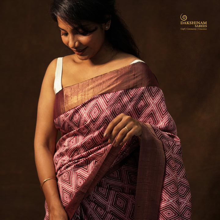 Handwoven Multi-colour with Wine Tussar Silk Saree - 2582T012503DSC