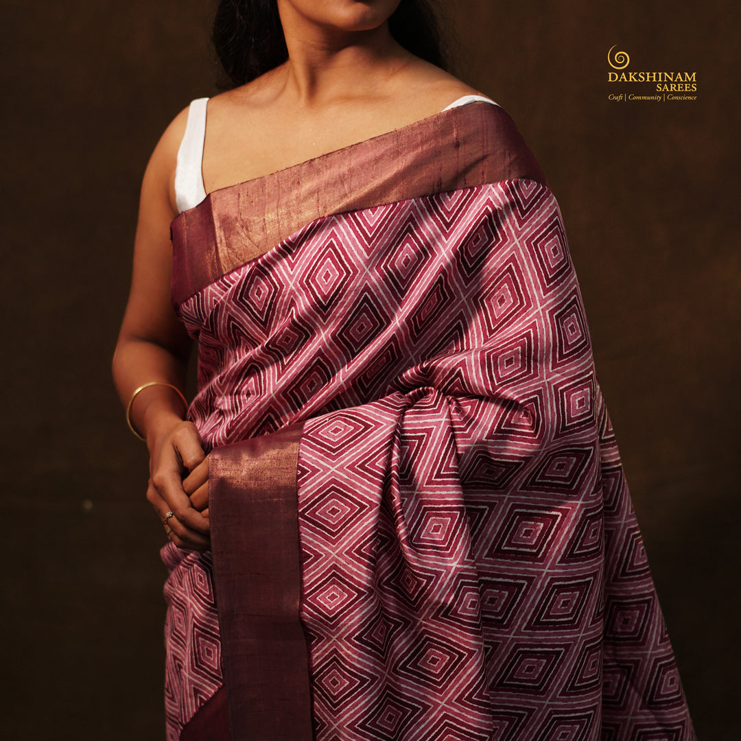 Handwoven Multi-colour with Wine Tussar Silk Saree - 2582T012503DSC