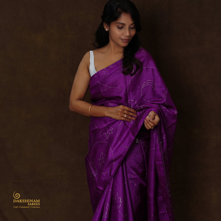 Handwoven Purple Tussar Silk Saree - 2584T012136DSC