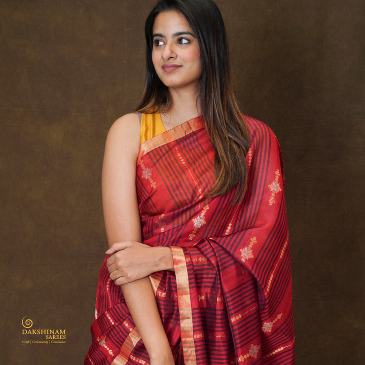 Handwoven Red and Maroon Kora Soft Silk Saree - 2585T012899DSC