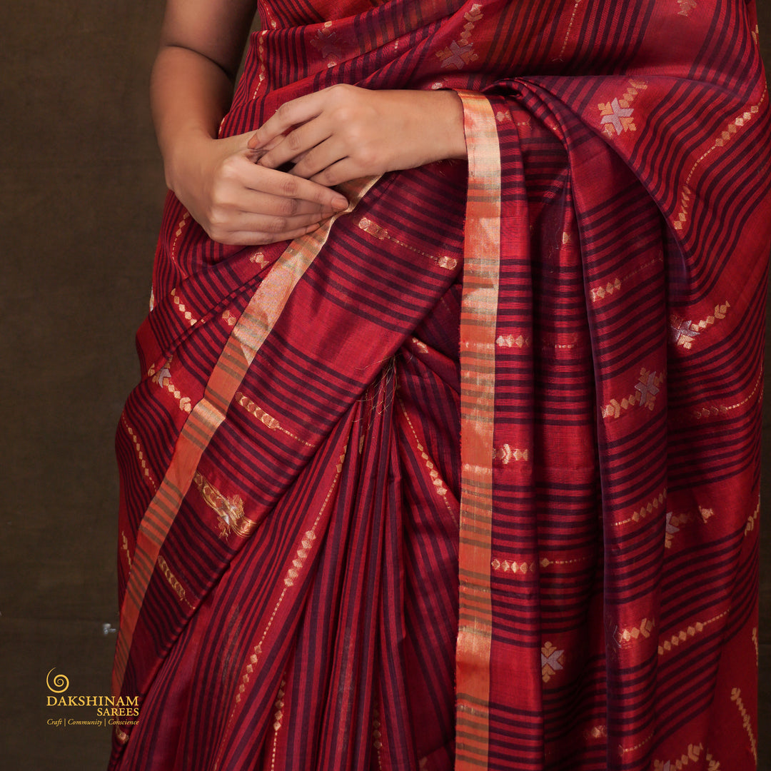 Handwoven Red and Maroon Kora Soft Silk Saree - 2585T012899DSC
