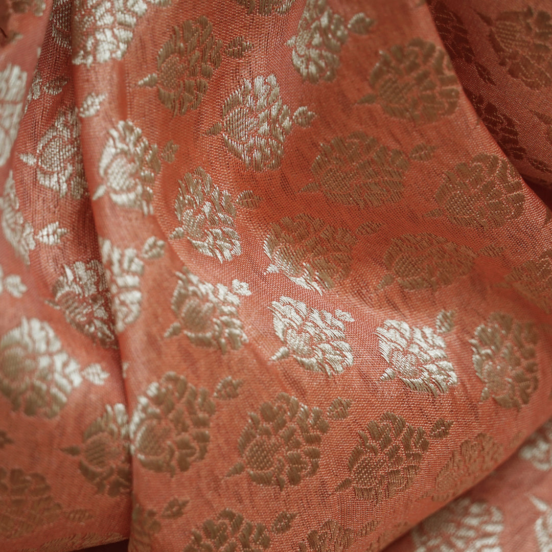 Handwoven Peach Banarasi Fabric - 2T004419DSC