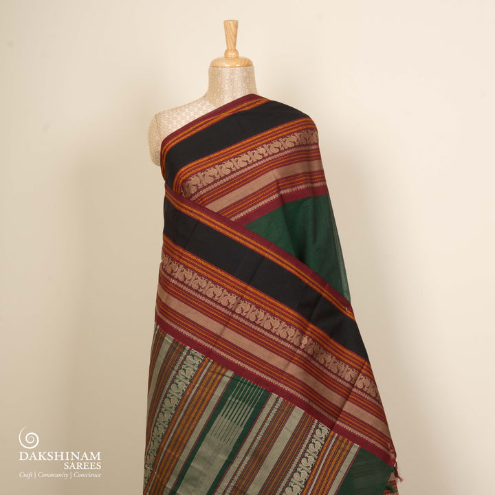 Green Original Handloom Kanchi Cotton Saree with Traditional Long Border 3354T015936DSC