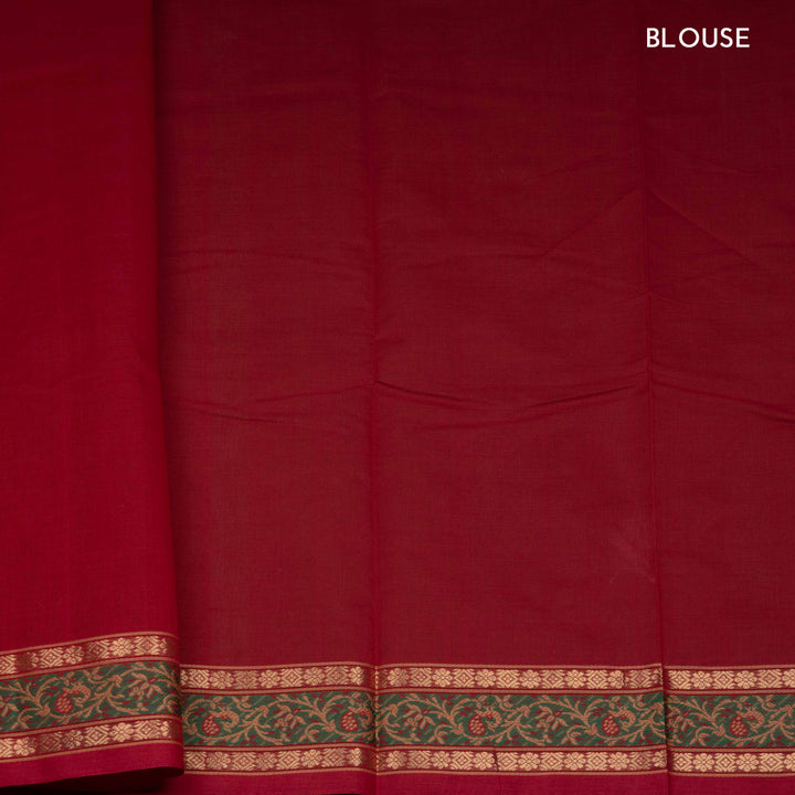 Red Original Handloom Kanchi Cotton Saree with Green Zari Border 3358T015918DSC