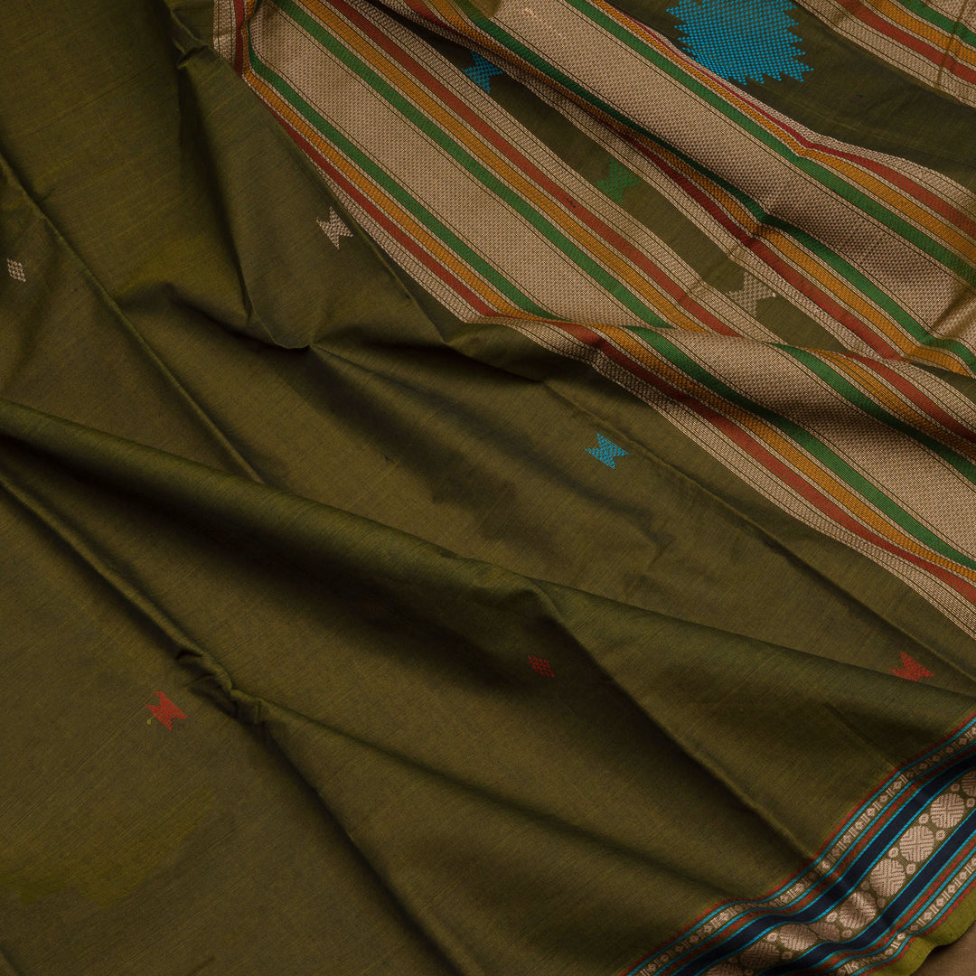 Green Kanchi cotton saree with diamond butta body, rudraksh border and multicolor thread band pallu with matching blouse