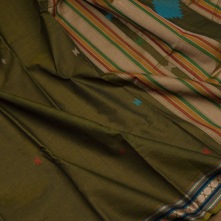 Green Kanchi cotton saree with diamond butta body, rudraksh border and multicolor thread band pallu with matching blouse