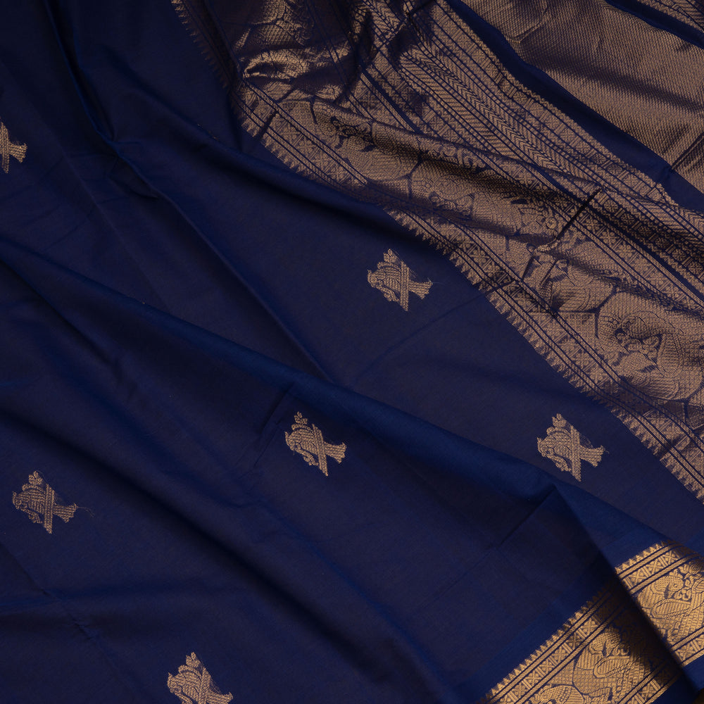 Blue Kanchi cotton saree with kili motif body, mayil motif border and rich traditional pallu with matching blouse