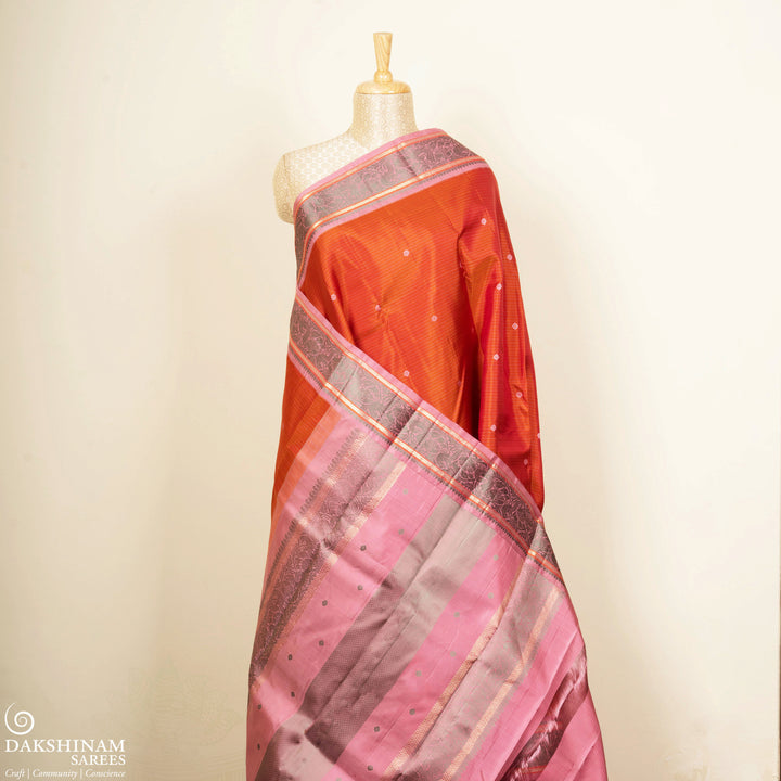 Orange Kanjivaram Silk Saree with Floral Butta and Pink Border 3485 T015769DSC