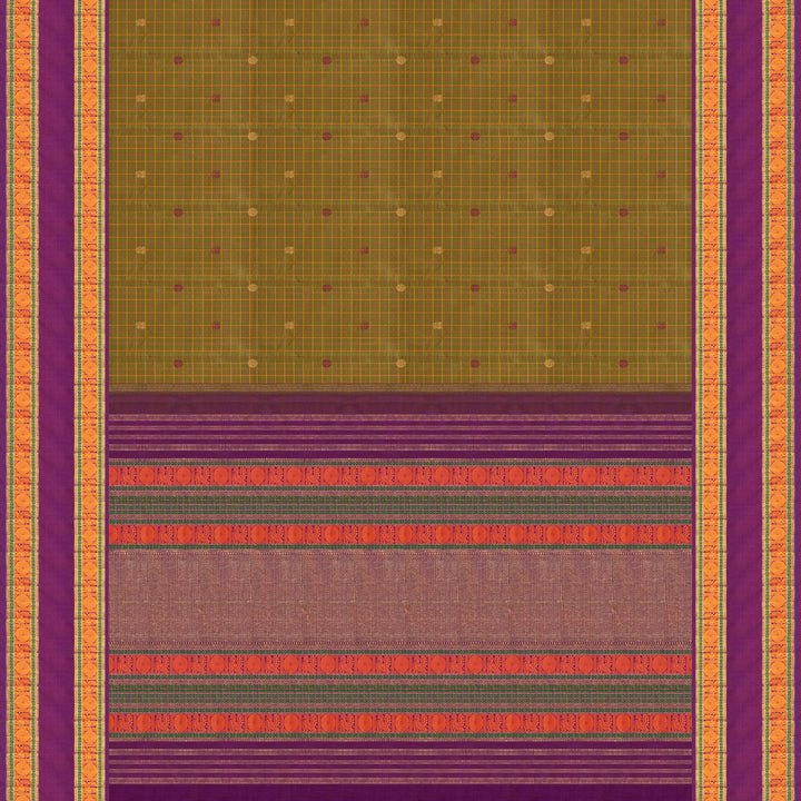 Olive green Kanjivaram silk saree with checks, annam and chakram butta, violet rettapet border and matching blouse