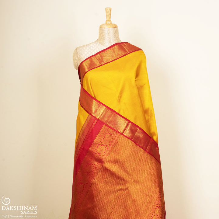 Yellow Kanjivaram Silk Saree with Rudraksham Border and Red Pallu 3487 T015758DSC