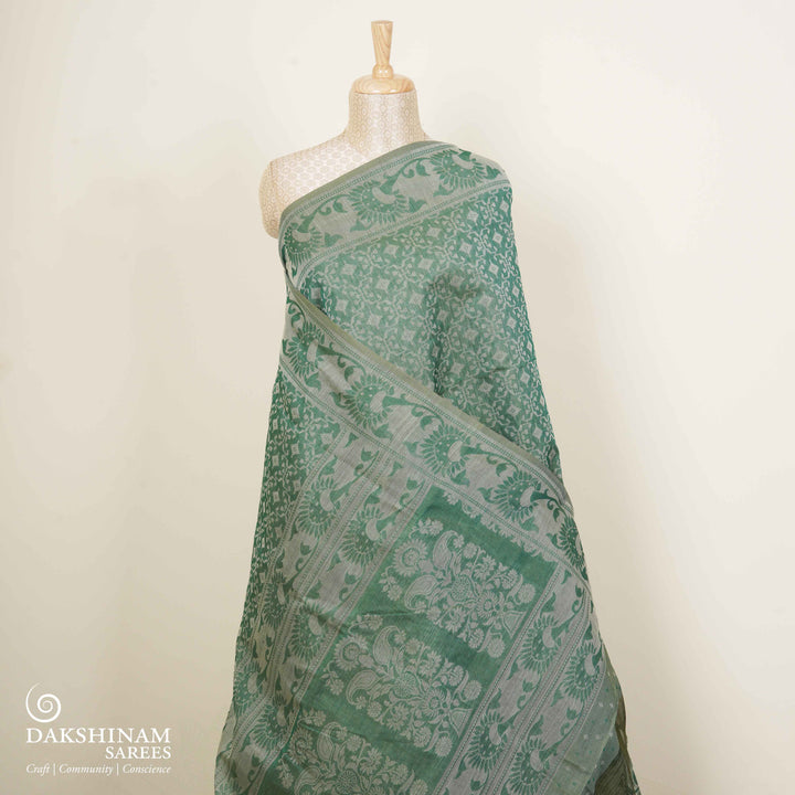 Green South Cotton Saree with Diamond Floral Motifs 3364T015699DSC