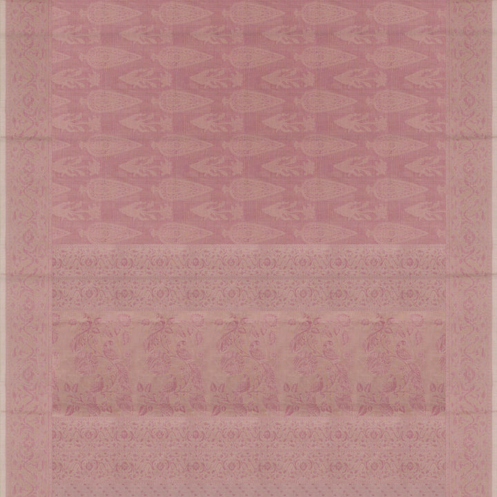 Pink South cotton saree with plant and paisley motifs across the body, floral border and peacock motif pallu, matching blouse with diamond butta design.