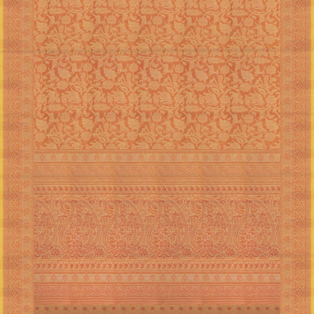 Orange South cotton saree with floral body featuring peacock, horse, elephant, deer and tiger motifs, traditional border and paisley pallu, matching blouse with dot design.