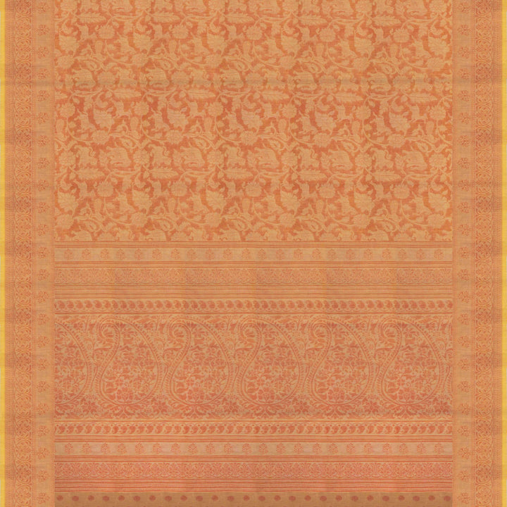 Orange South cotton saree with floral body featuring peacock, horse, elephant, deer and tiger motifs, traditional border and paisley pallu, matching blouse with dot design.