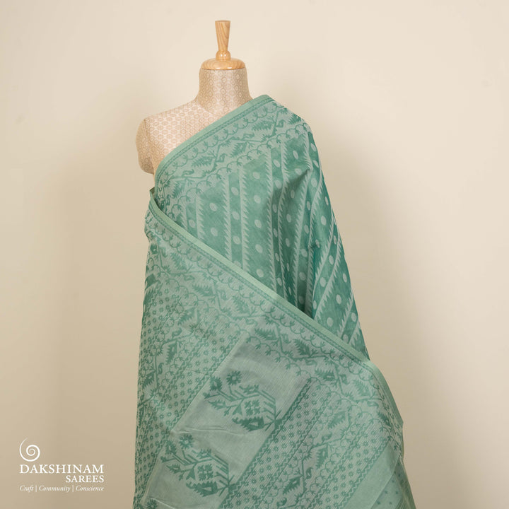 Green South Cotton Saree with Symmetrical Vine Border 3370T015698DSC