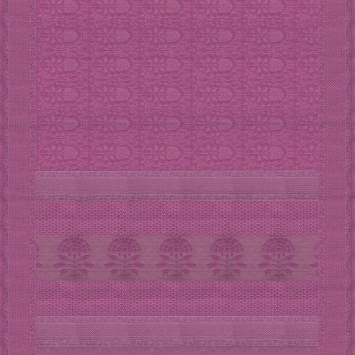 Pink South cotton saree with floral vine body pattern, vine border with chevron lines, patterned pallu and matching blouse with dot design.