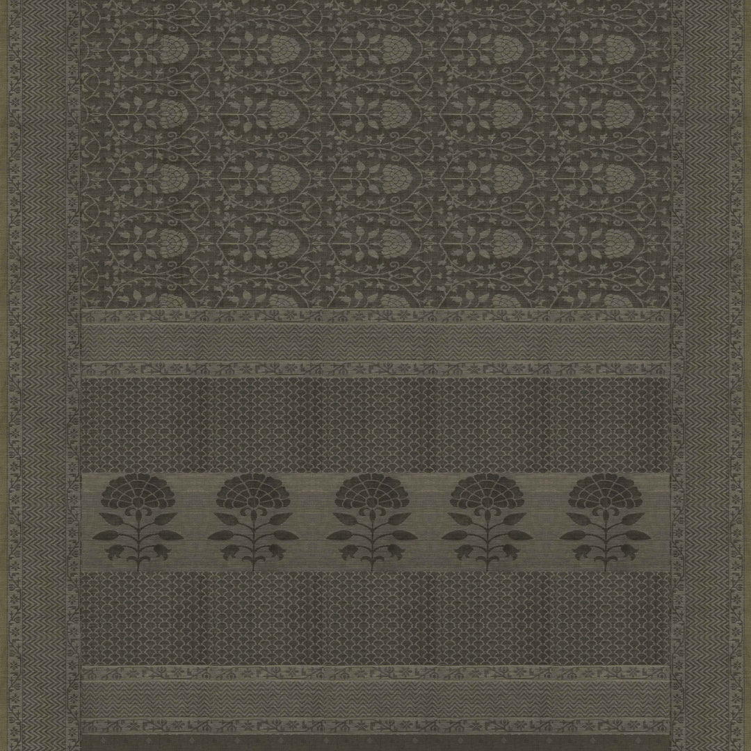 Black South cotton saree with floral vine body pattern, vine border with chevron lines, patterned pallu and matching blouse with dot design.
