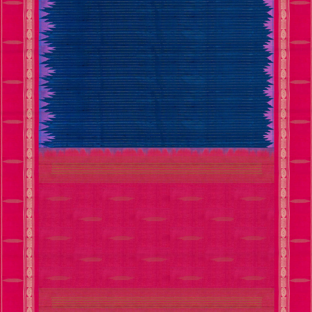 Blue Gadwal silk saree with raw silk finish body, silver stripe detailing, pink border with chakram and thazampoo motifs, pink blouse.