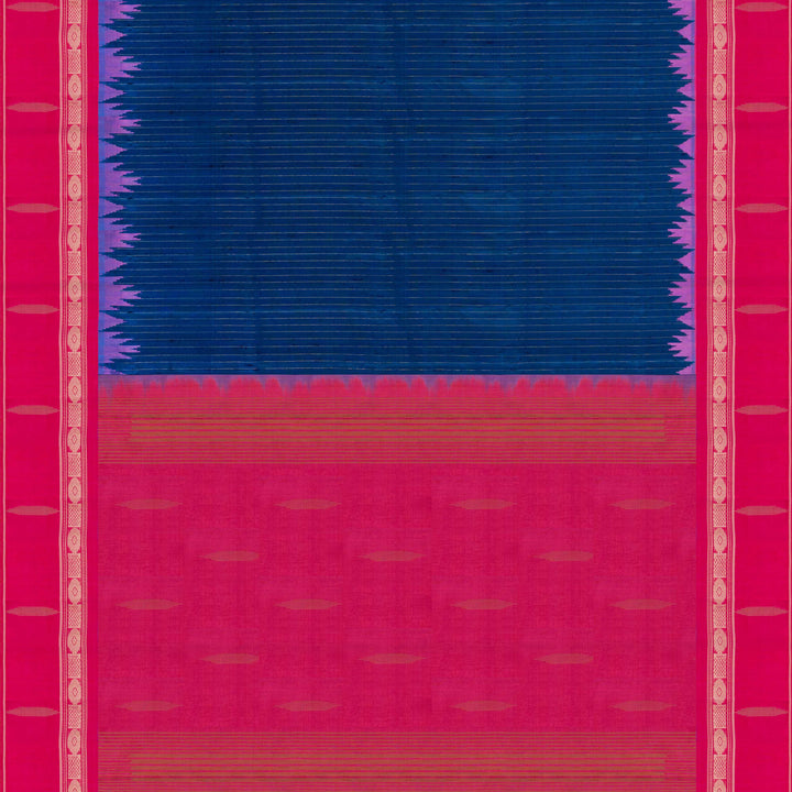 Blue Gadwal silk saree with raw silk finish body, silver stripe detailing, pink border with chakram and thazampoo motifs, pink blouse.