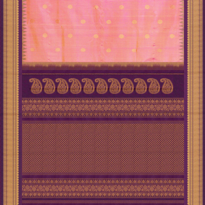Dual tone pink and orange Gadwal silk saree with checkered body, purple zari border with rudraksh and temple motifs, plain purple blouse.
