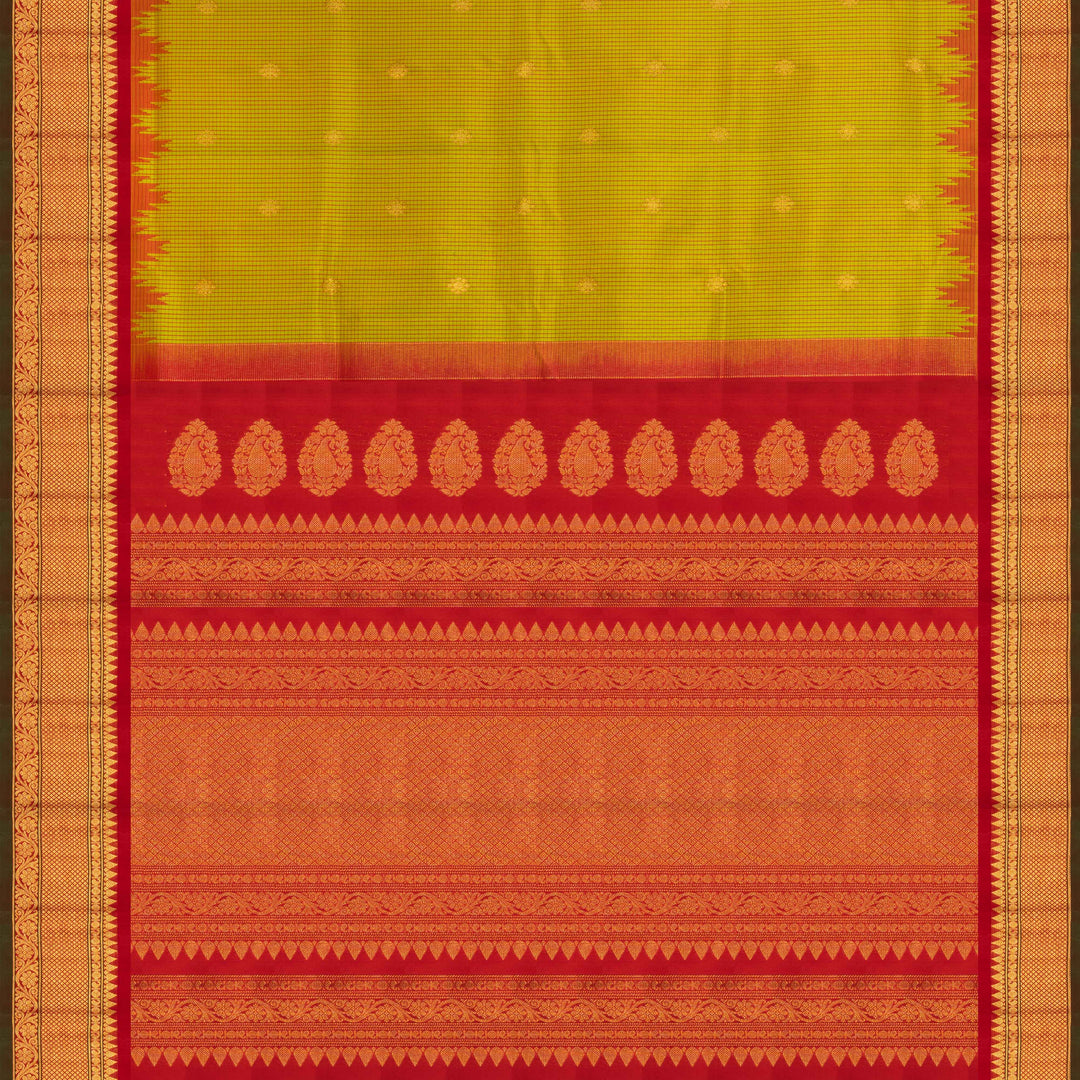 Lime green Gadwal silk saree with red check lines and small butta body, red zari border with rudraksh and mango motifs, plain red blouse.