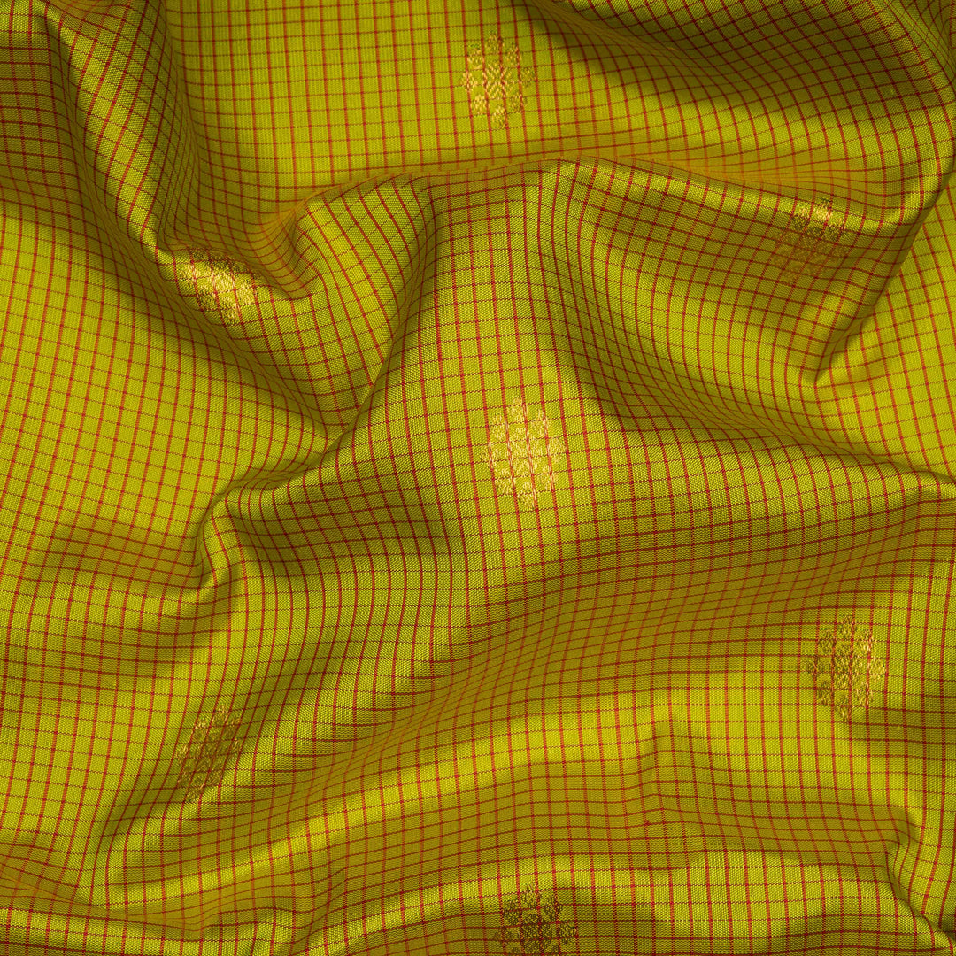Lime green Gadwal silk saree with red check lines and small butta body, red zari border with rudraksh and mango motifs, plain red blouse.