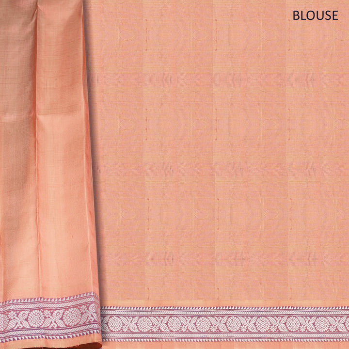 Bottle green Gadwal silk saree with gold zari stripes, peach border and temple design pallu