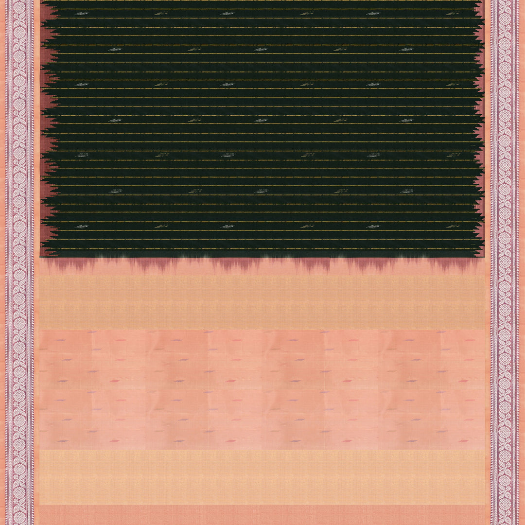 Bottle green Gadwal silk saree with gold zari stripes, peach border and temple design pallu